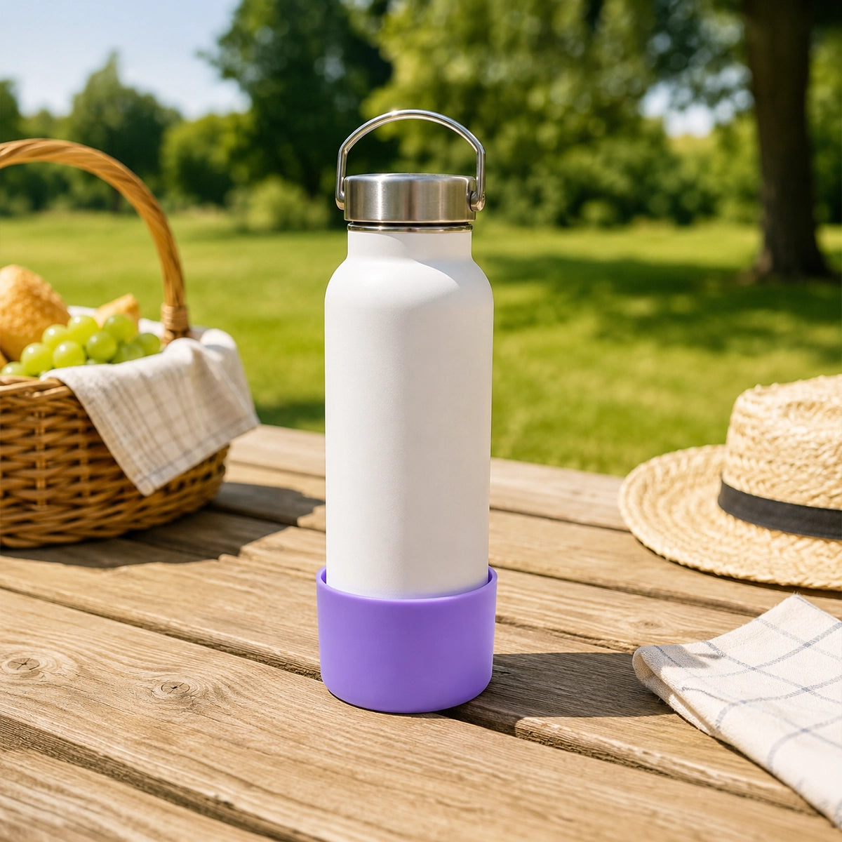 gourde blanche en inox avec protection violette