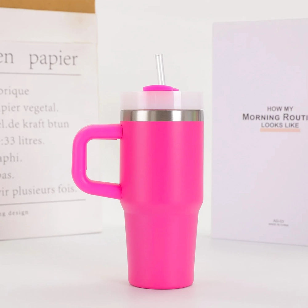 gourde isotherme rose avec poignée et paille