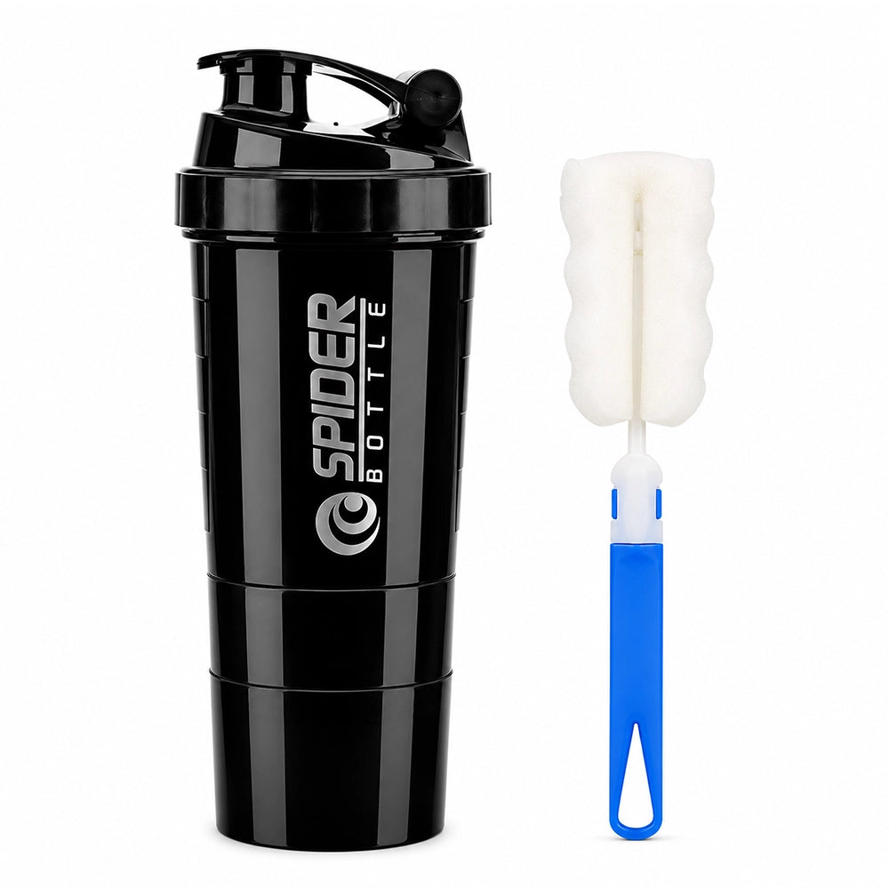 shaker noir pour protéine avec brosse de nettoyage
