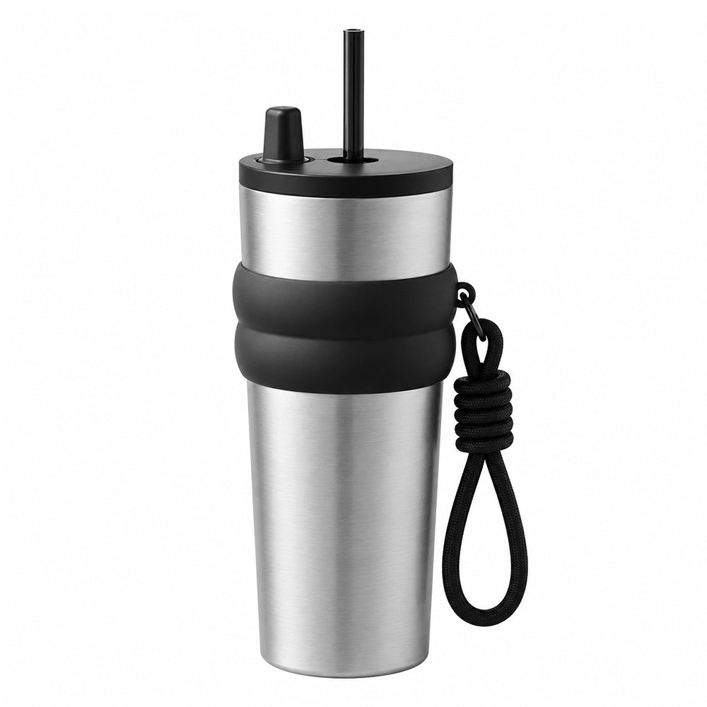 Gourde thermos avec paille argenté