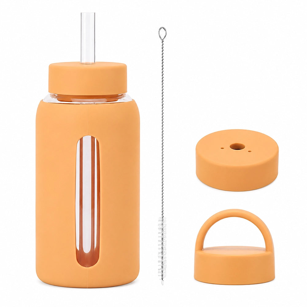 gourde en verre avec paille et protection orange