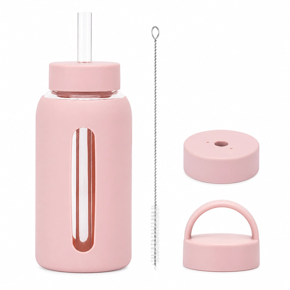 gourde en verre avec paille et protection rose