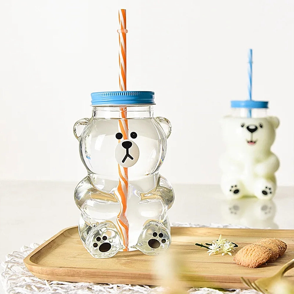 gourde en verre avec paille ourson mignon 550ml