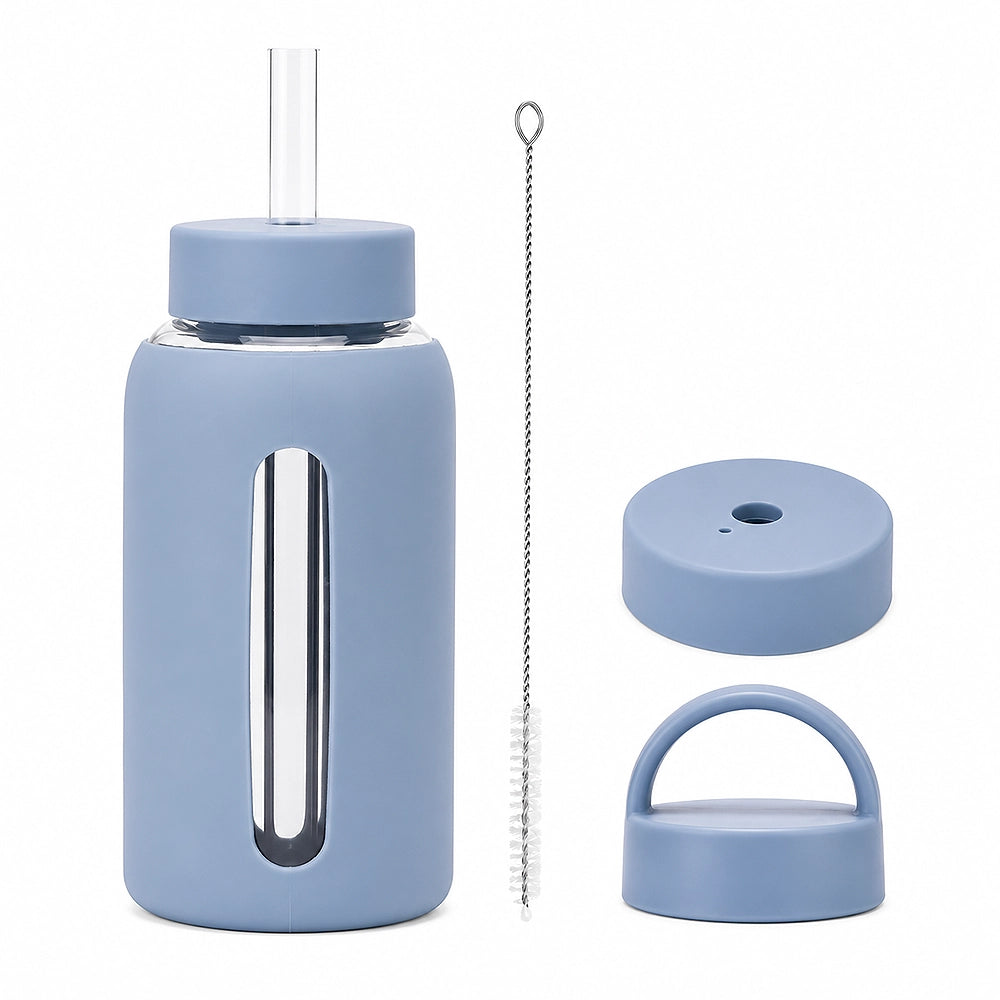 gourde en verre avec protection en silicone bleu