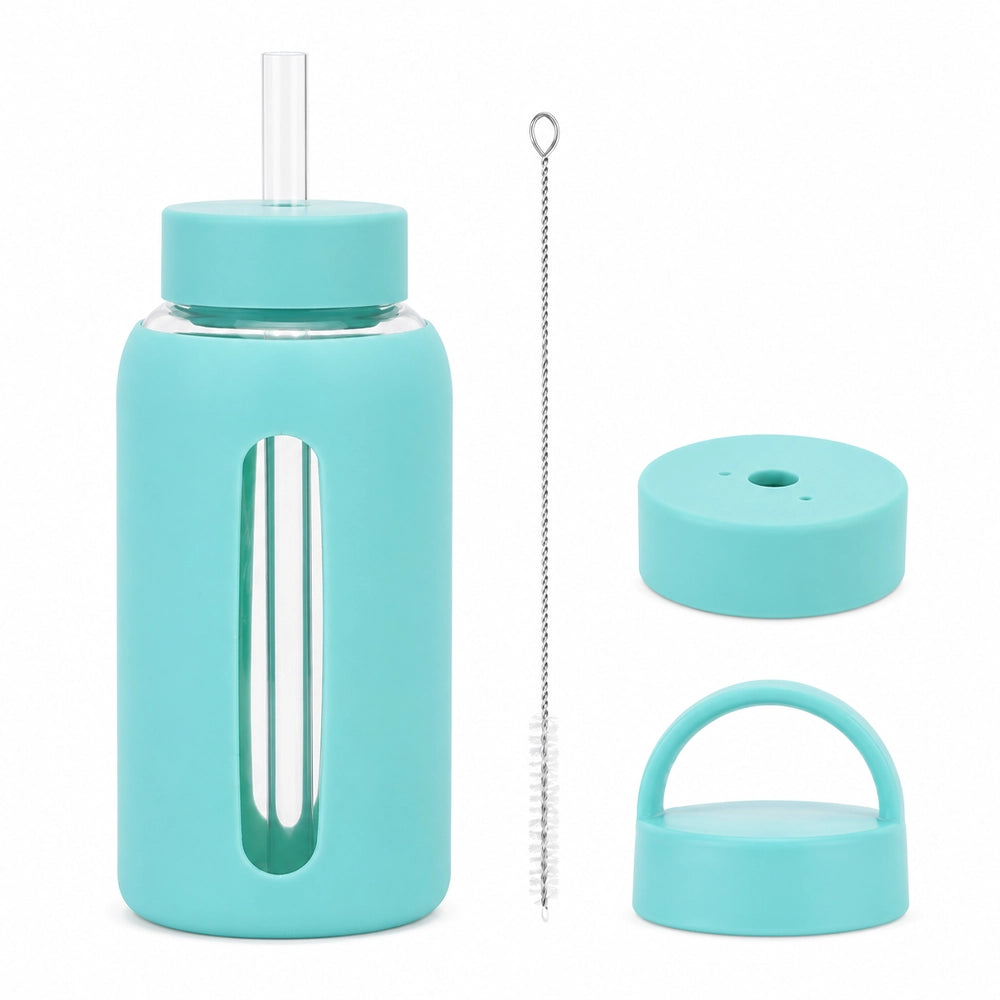 gourde en verre avec protection silicone bleu