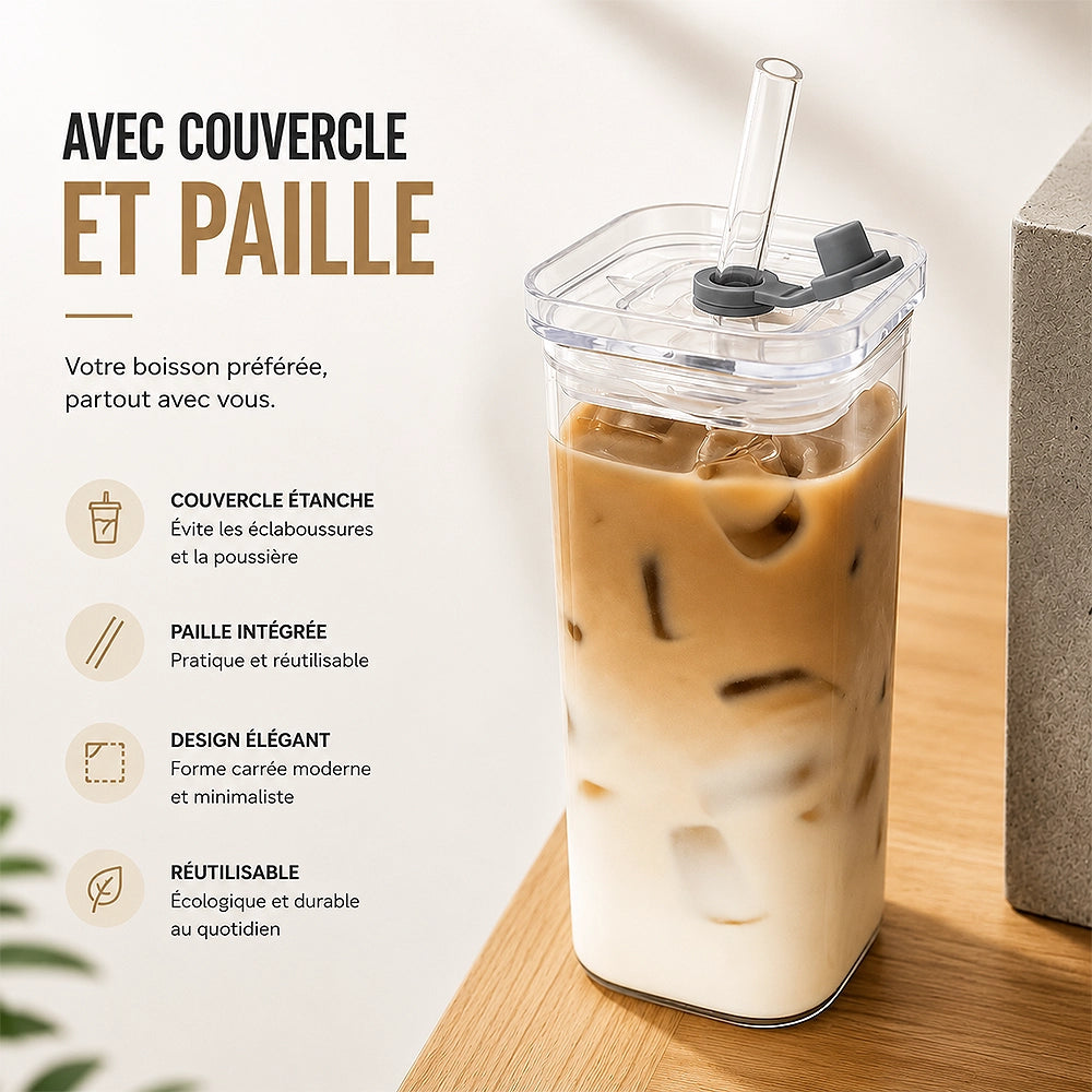 gourde en verre rectangle avec paille
