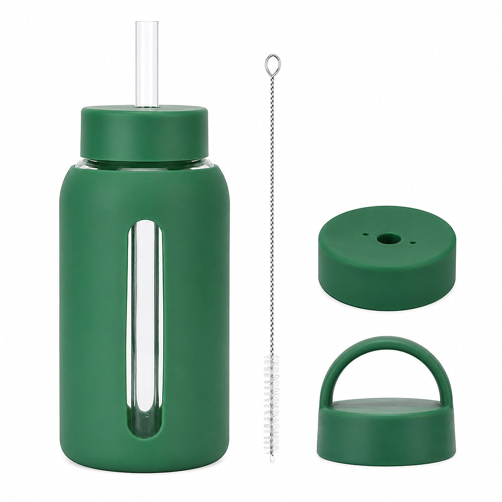 gourde en verre verte avec protection et paille