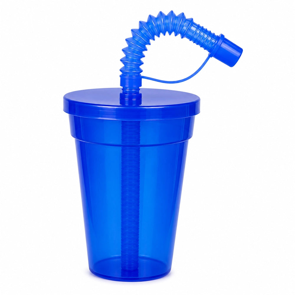 gourde gobelet bleu foncé transparent avec paille et couvercle