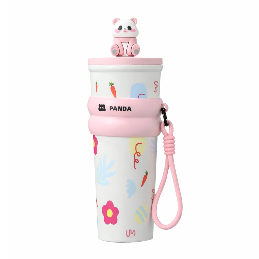 gourde isotherme thermos panda rose avec dragonne