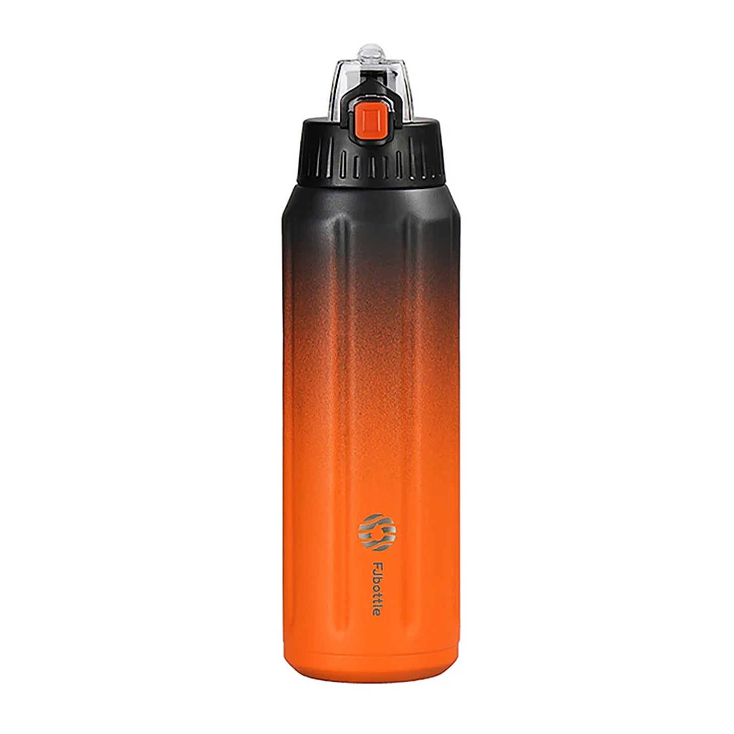gourde orange et noir avec bouton pour ouvrir