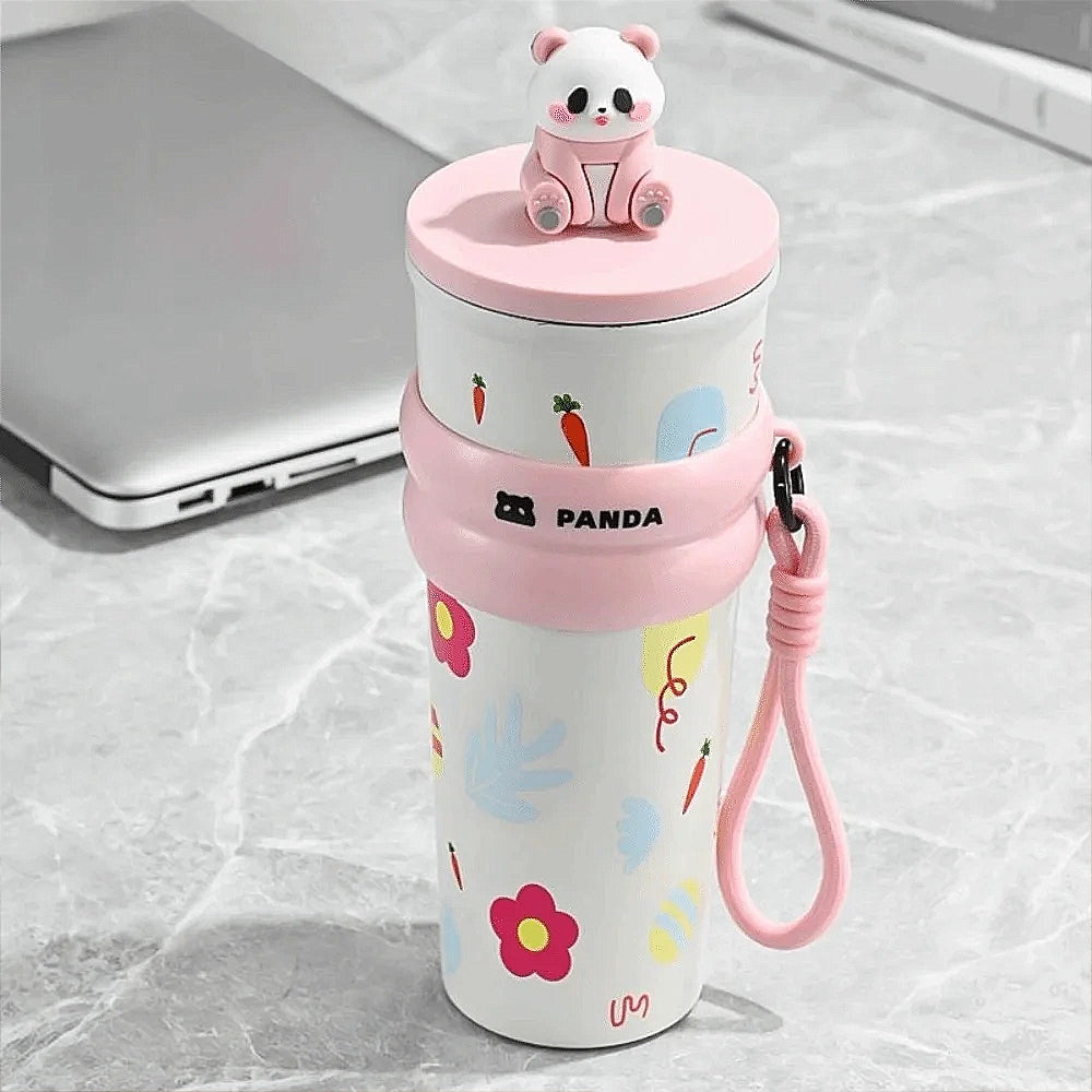 gourde panda isotherme rose avec poignée