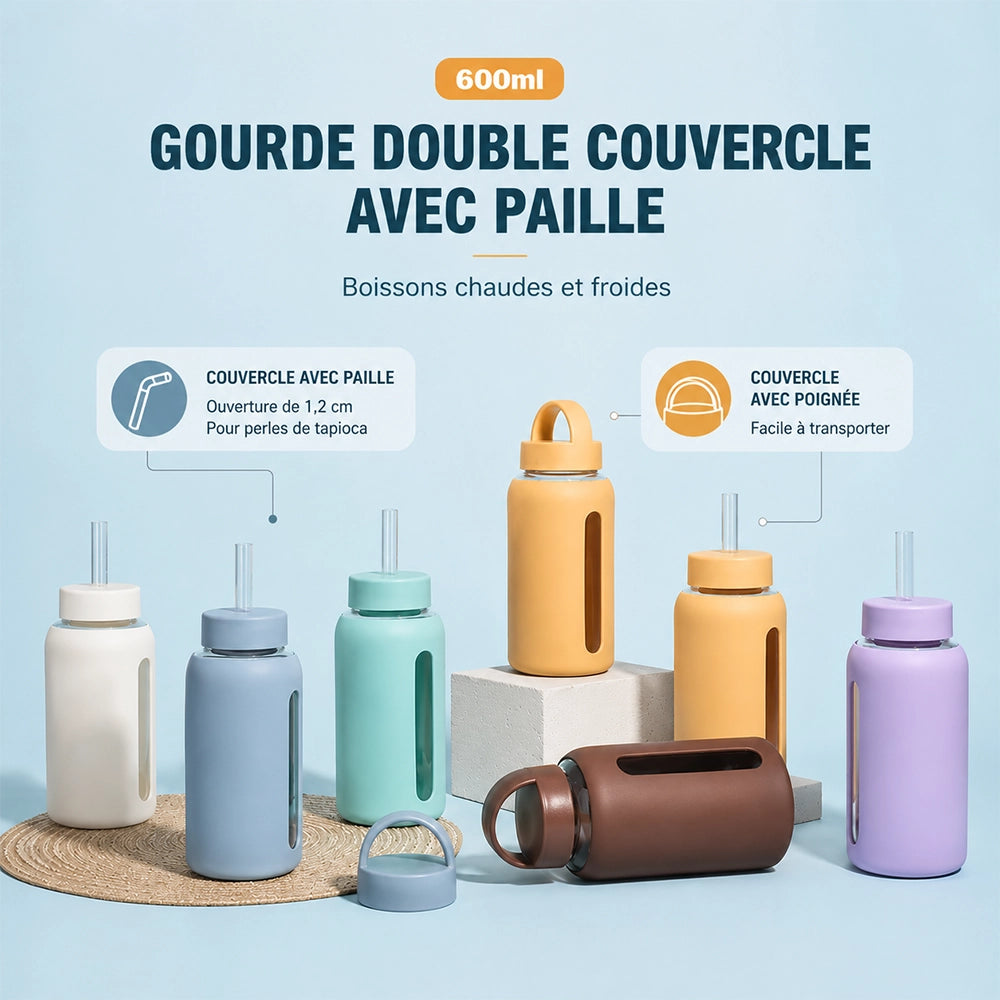 gourdes en verre avec paille et double couvercle
