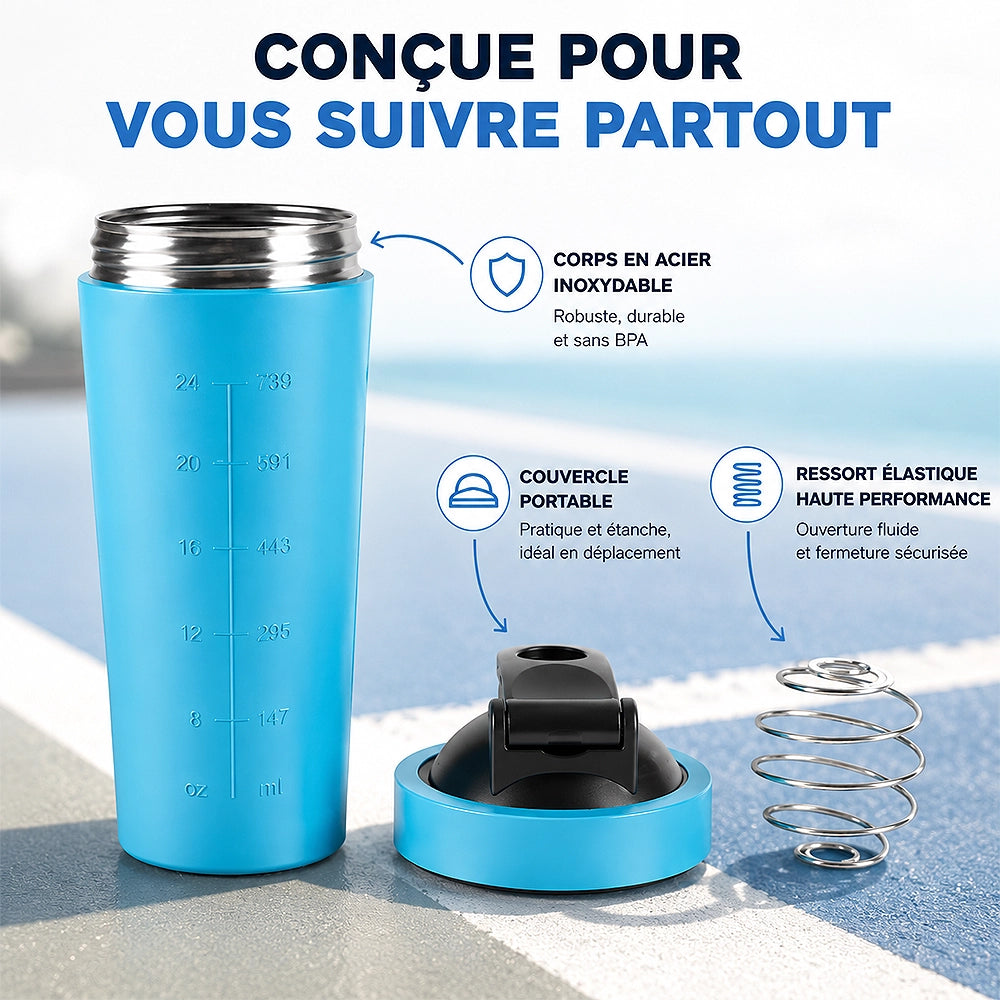 shaker bleu avec boule mélangeuse